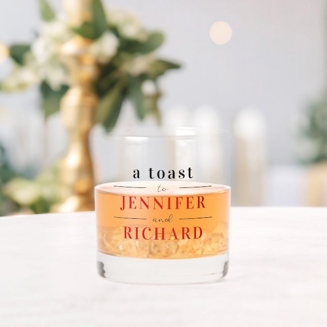 Modern Elegant Black And Red Toast Names Wedding  Whiskey Glass (Insitu (Wedding))