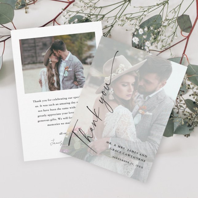 Modern Elegant Black and White 2 Photo Wedding  Thank You Card (Creator Uploaded)