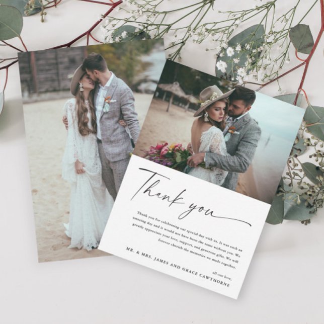Modern Elegant Black and White 2 Photo Wedding  Thank You Card (Creator Uploaded)