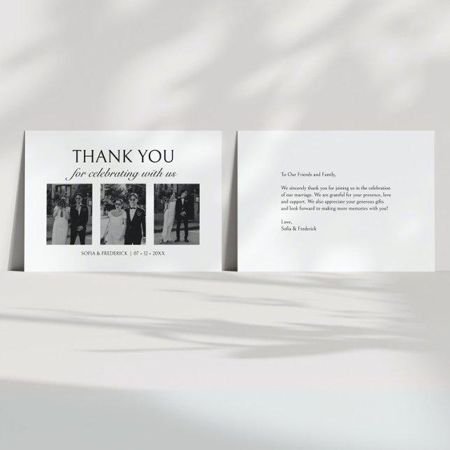 Modern Elegant Black and White 3.Photo Wedding Thank You Card (Creator Uploaded)