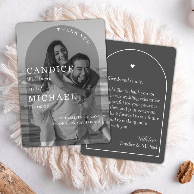 Modern Elegant Black And White Arch Photo Wedding  Thank You Card (Creator Uploaded)