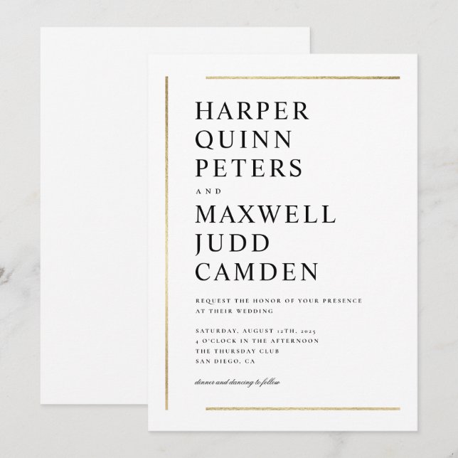 Modern Elegant Black and White Minimalist Wedding Invitation (Front/Back)