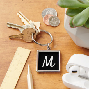 Modern Elegant Black and White Monogram Key Ring