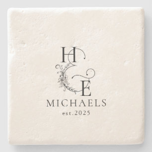 Modern Elegant Black and White Monogram Stone Coaster