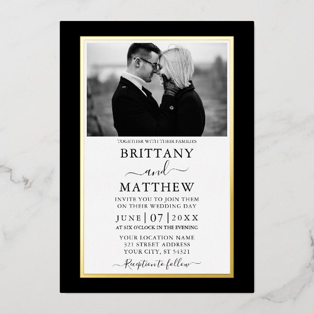Modern Elegant Black and White Photo Wedding Gold (Front)