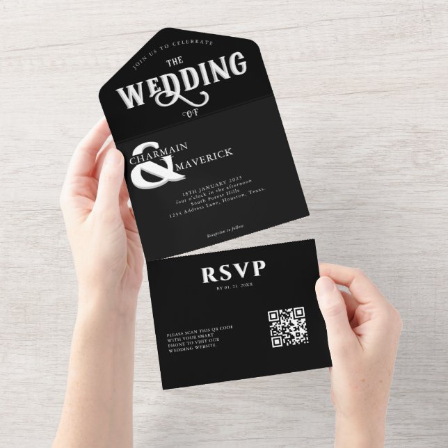 Modern Elegant Black and White QR Code Wedding All In One Invitation (Tearaway)