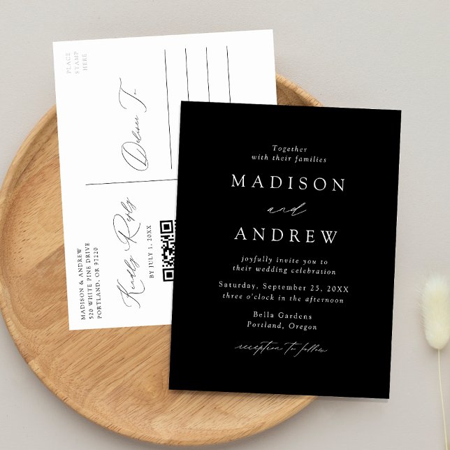Modern Elegant Black and White QR Code Wedding Invitation Postcard (Creator Uploaded)