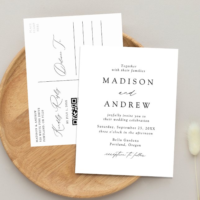 Modern Elegant Black and White QR Code Wedding Invitation Postcard (Creator Uploaded)