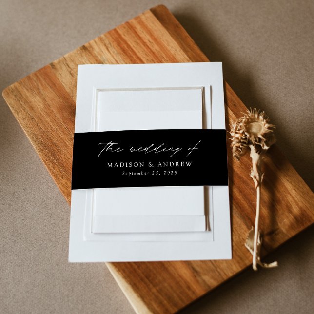 Modern Elegant Black and White Script Wedding Invitation Belly Band (Creator Uploaded)