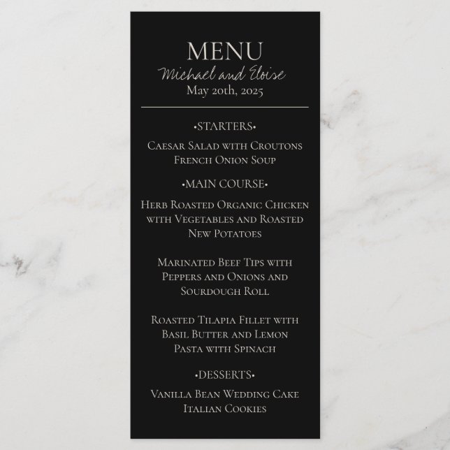 Modern Elegant Black and White Wedding Dinner Menu (Front)