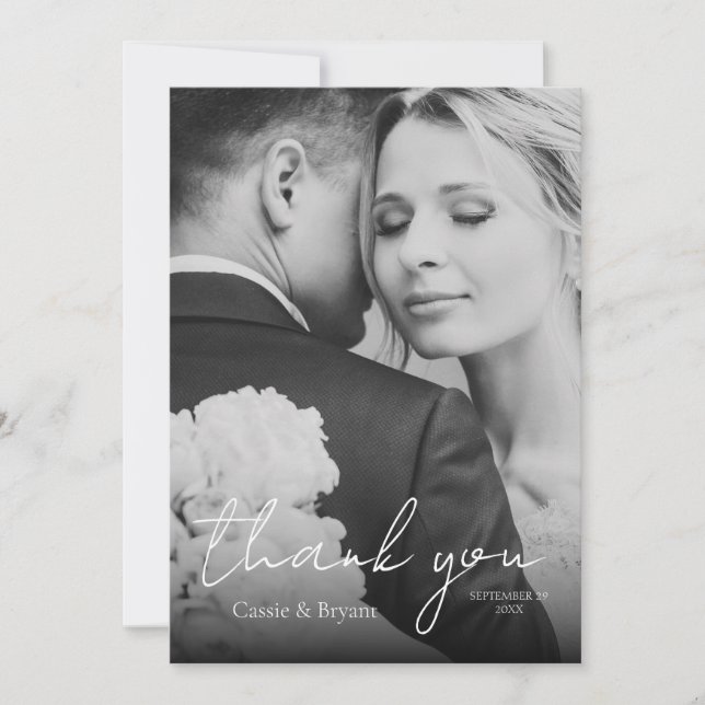 Modern Elegant Black and White Wedding Photo Thank You Card (Front)