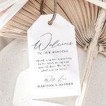 Modern Elegant Black and White Wedding Welcome Gift Tags<br><div class="desc">These elegant calligraphy wedding welcome gift tags are perfect for both casual and formal weddings. The design features a modern black calligraphy script with a white background or colour of your choice. Personalise the black and white wedding welcome gift tags with a short welcome message, your names, etc. The minimalist...</div>