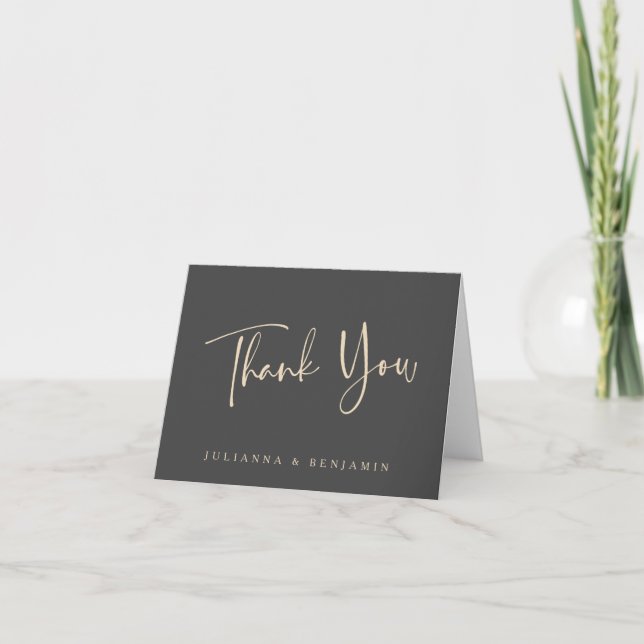 Modern Elegant Black Beige Wedding Personalised Thank You Card (Front)