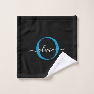 Modern Elegant Black Blue Monogram Script Name Bath Towel Set