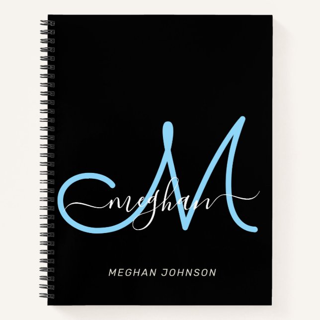 Modern Elegant Black Blue Script Monogram Notebook (Front)