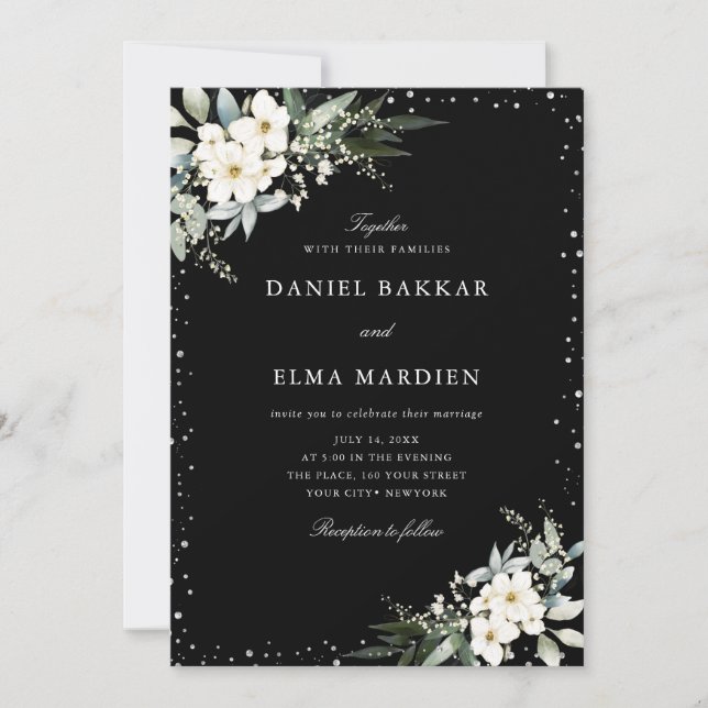 Modern Elegant Black Boho Floral Wedding  Invitation (Front)