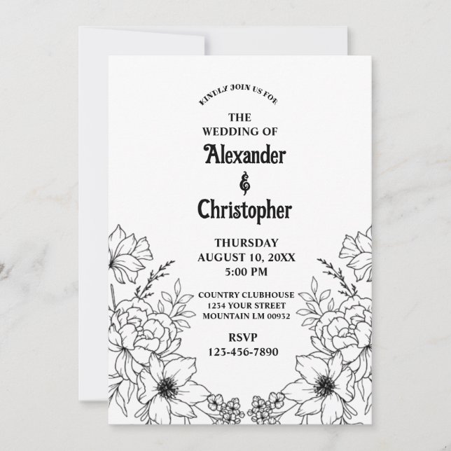 Modern Elegant Black Botanical Floral Wedding Invitation (Front)
