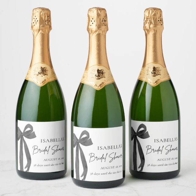 Modern Elegant Black Bow Ribbon Bridal Shower Sparkling Wine Label (Bottles)