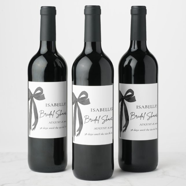 Modern Elegant Black Bow Ribbon Bridal Shower Wine Label (Bottles)