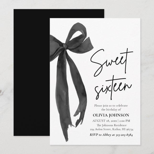 Modern Elegant Black Bow Sweet 16 Birthday Party Invitation (Front/Back)