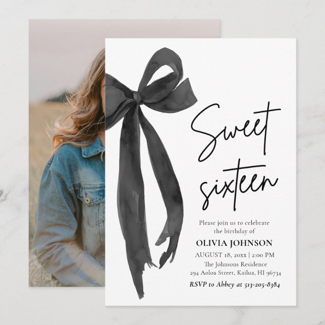 Modern Elegant Black Bow Sweet 16 Birthday Party Invitation (Front/Back)