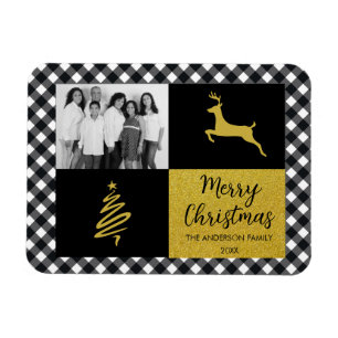 Modern Elegant Black Buffalo Plaid Gold Photo Magnet