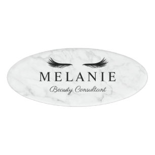 Modern Elegant Black Eyelash Marble Cosmetologist Name Tag