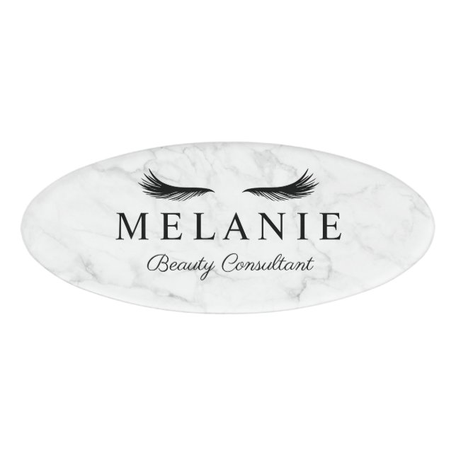 Modern Elegant Black Eyelash Marble Cosmetologist Name Tag (Front)