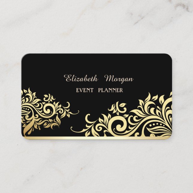 Modern Elegant Black, Faux Gold Floral Business Card (Front)