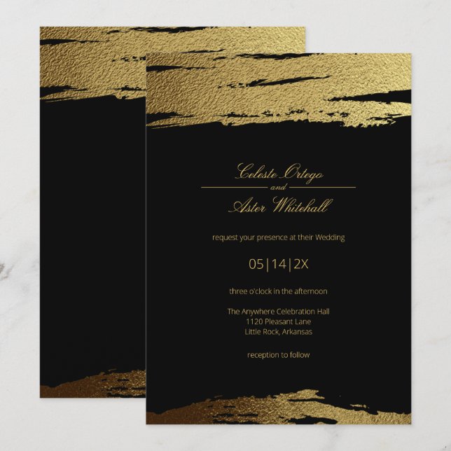 Modern Elegant Black & Faux Gold Foil Paint Stroke Invitation (Front/Back)