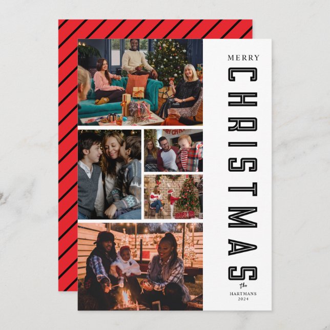 Modern Elegant Black Five Photo Collage Christmas Holiday Card (Front/Back)