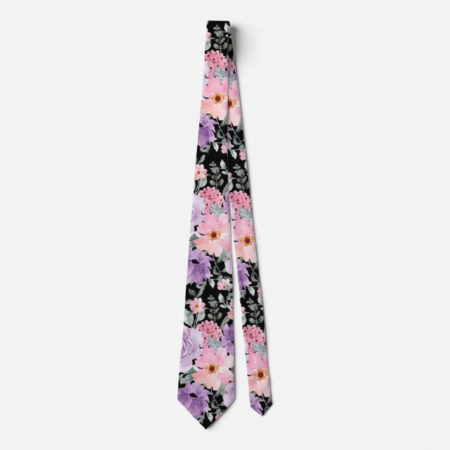 Modern Elegant Black Floral Watercolor Wedding Tie (Front)