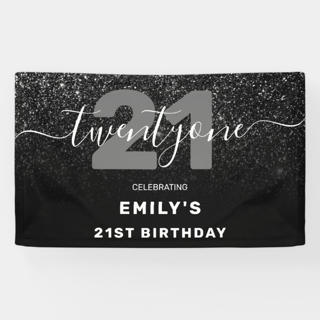 Modern Elegant Black Glitter 21st Birthday Banner (Horizontal)