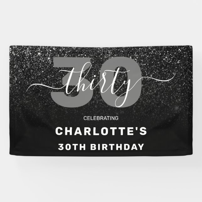 Modern Elegant Black Glitter 30th Birthday Banner (Horizontal)