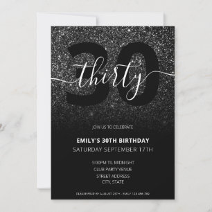 Modern Elegant Black Glitter 30th Birthday Invitation