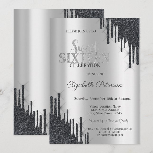 Modern Elegant Black Glitter Drips  Sweet 16  Invitation (Front/Back)