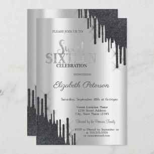 Modern Elegant Black Glitter Drips  Sweet 16  Invitation