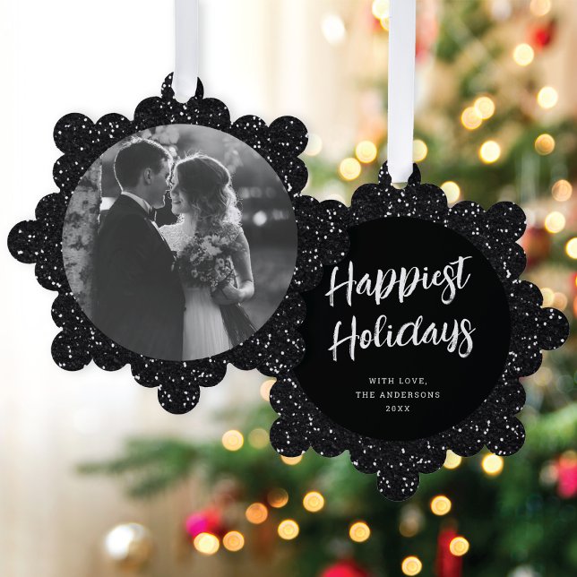 Modern Elegant Black Glitter Photo Christmas Tree Decoration Card (Creator Uploaded)