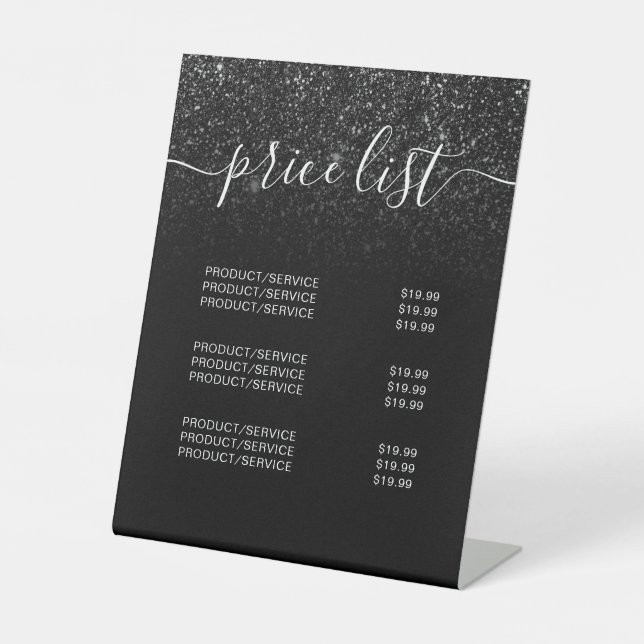 Modern Elegant Black Glitter Price List Pedestal Sign (Front)