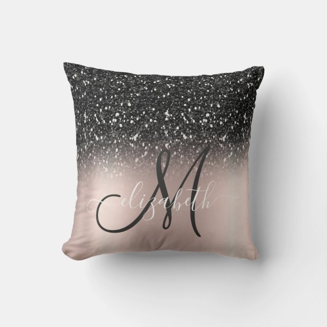 Modern Elegant Black Glitter  Rose Gold  Monogram Cushion (Front)