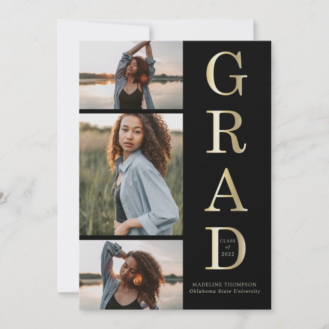 Modern Elegant Black Gold 3 Photo Graduation Announcement (Front)