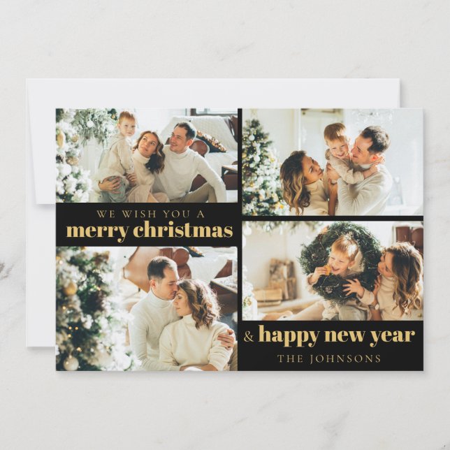 Modern Elegant Black Gold 4 Photo Christmas Holiday Card (Front)