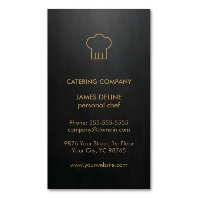 Modern Elegant Black Gold Catering Chef Magnetic Business Card (Front Vertical)