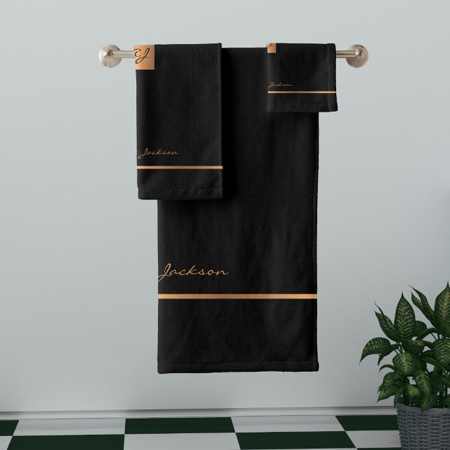 Modern elegant black gold chic monogrammed stripes bath towel set (Creator Uploaded)