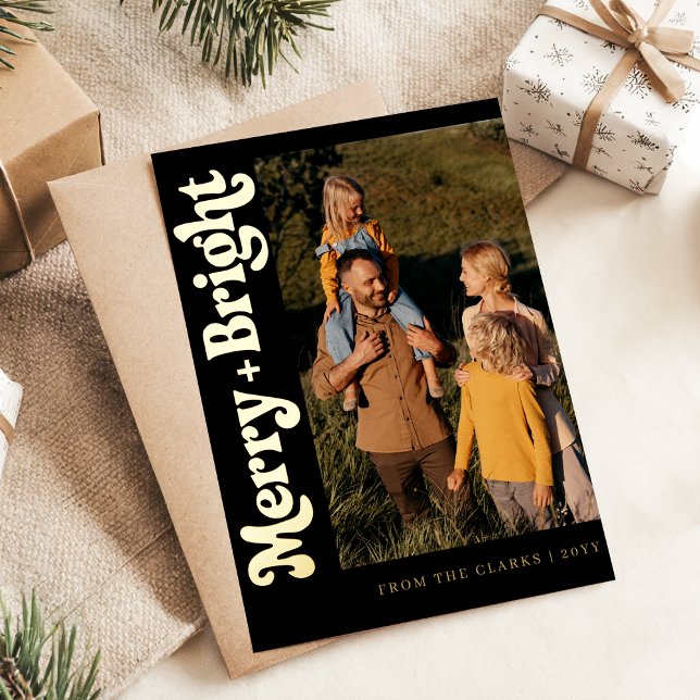 Modern Elegant Black Gold Family Photo Christmas  Foil Holiday Postcard (Creator Uploaded)