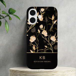 Modern Elegant Black Gold Floral Pattern iPhone 16 Case