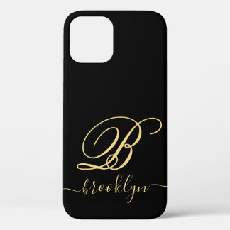 Modern Elegant Black Gold Handwritten Monogrammed iPhone 12 Case