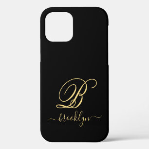 Modern Elegant Black Gold Handwritten Monogrammed iPhone 12 Case