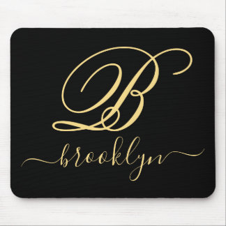 Modern Elegant Black Gold Handwritten Monogrammed Mouse Mat