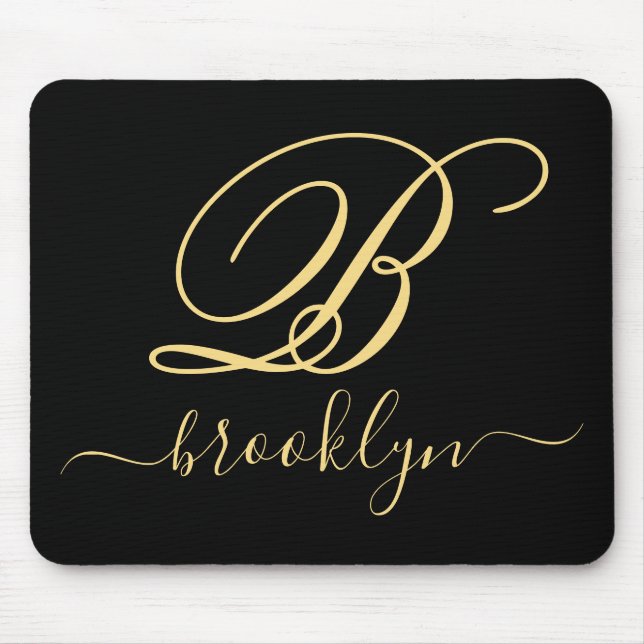 Modern Elegant Black Gold Handwritten Monogrammed Mouse Mat (Front)